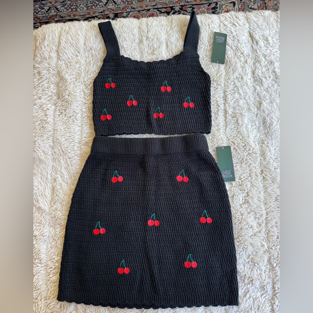 Wild Fable Black Crochet Knit Cherry Embroidered Two-Piece Skirt & top Set S New